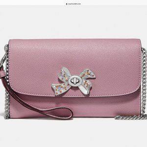 Coach Pink Crystal Bow Turnlock Chain Shoulder Crossbody Evening Clutch Bag NEW